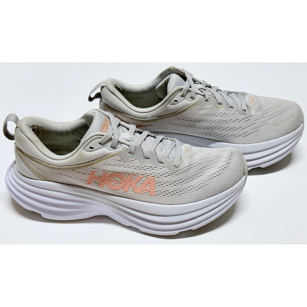 Hoka Bondi 8 Womens 9.5B Running Shoes Harbor Mist Rose Gold 1127952 HMLR Grey